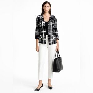 Pendleton Black White Graphic Silk Jacket Open Front 3/4 Sleeve Pockets Sz 10💛